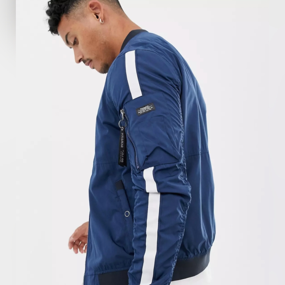 PULL & BEAR bomber jacket in navy with side stripe
